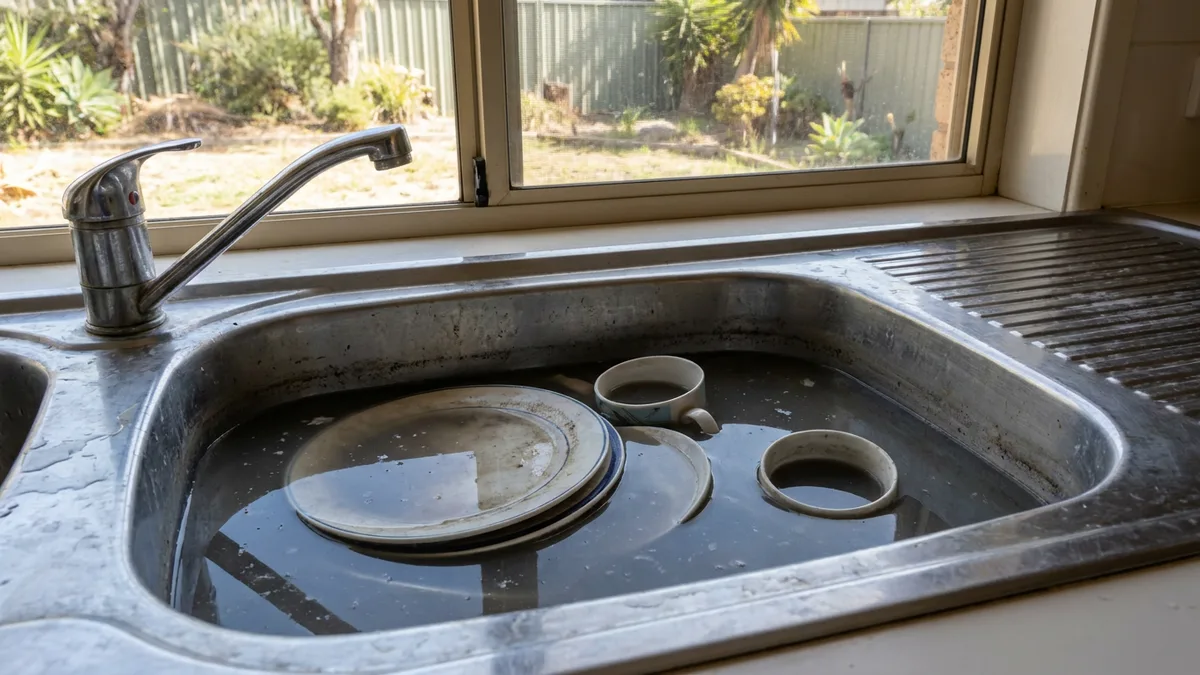 A stainless steel kitchen sink full of murky standing water from a blocked kitchen sink