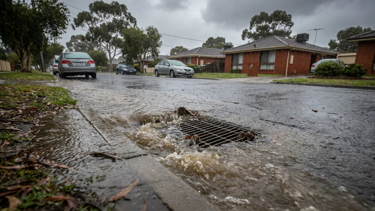 An overflowing blocked stormwater drain grate during heavy rain in a Newcastle street