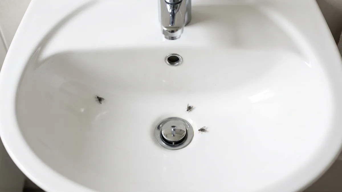 Close-up of small drain flies near a bathroom sink plughole