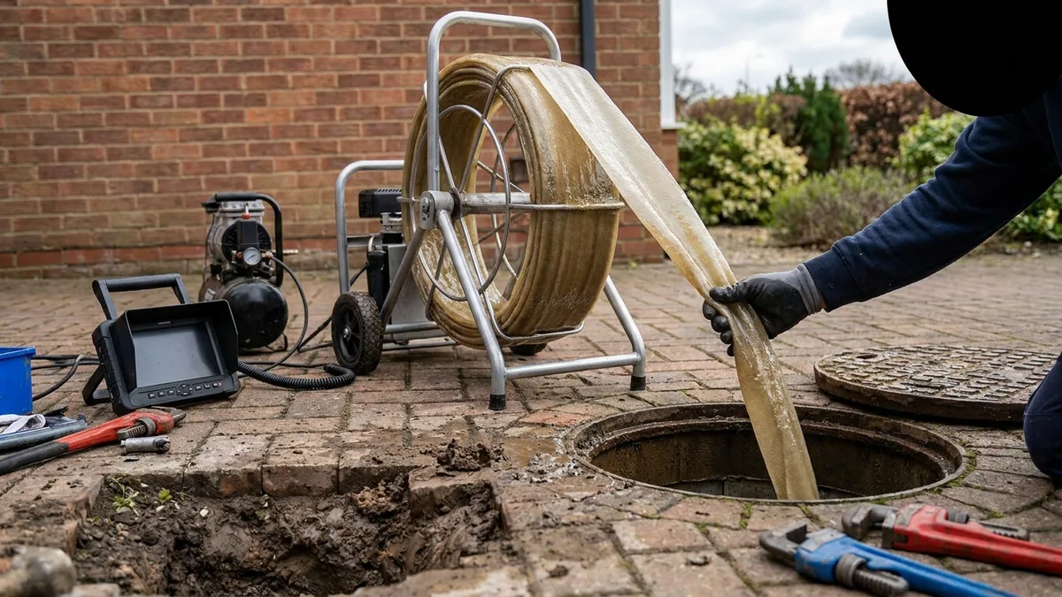 Trenchless pipe relining equipment feeding a liner into an outdoor drain, no-dig pipe repair