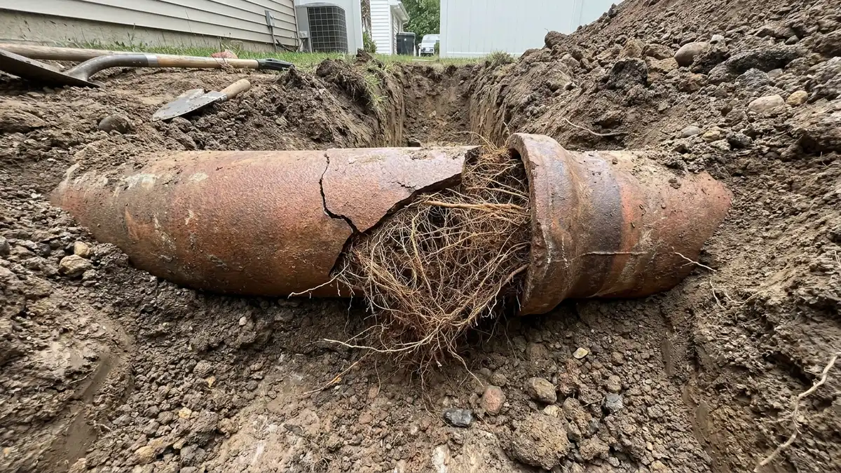 An excavated clay sewer pipe cracked at the joint with tree roots growing inside, the main cause of tree roots in drains