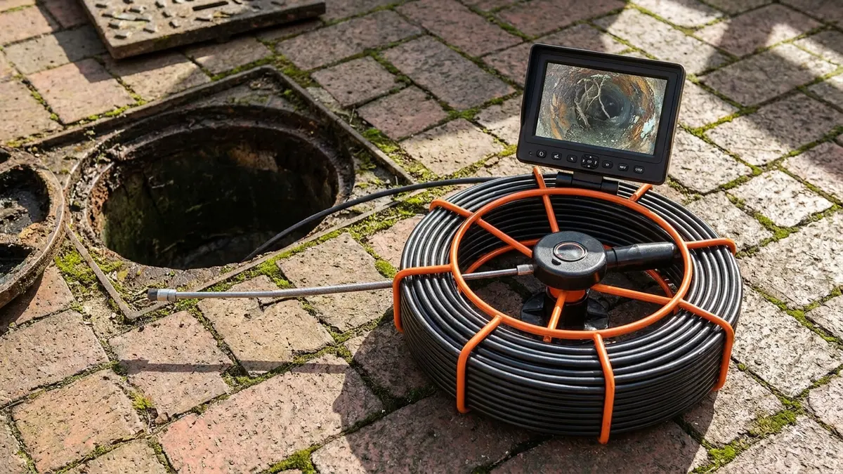 A CCTV drain camera reel and monitor beside an outdoor drain showing the inside of a pipe