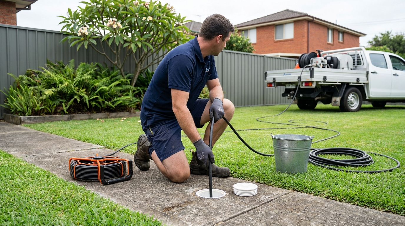 Newcastle plumber clearing a blocked drain with high-pressure jetting at a home